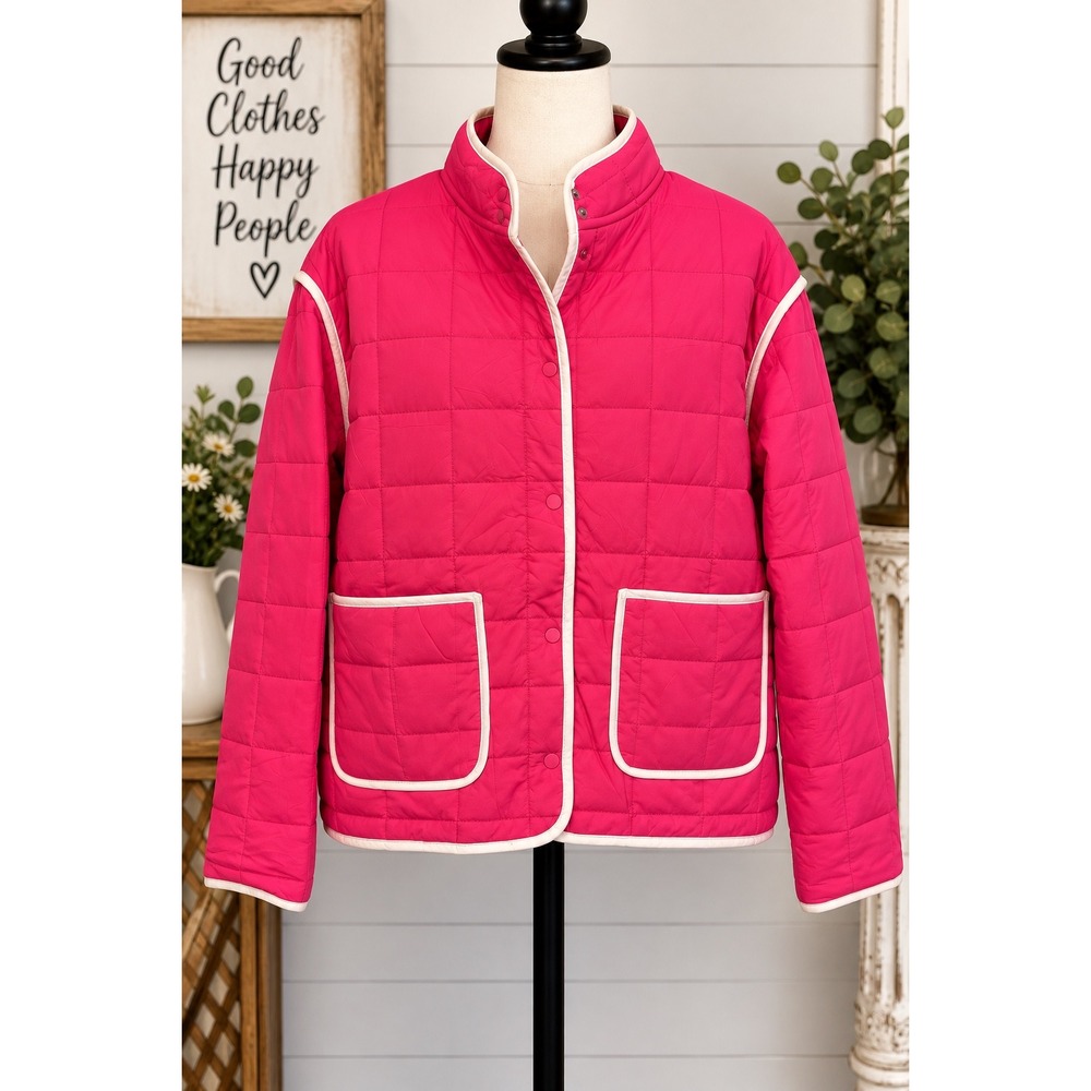 Katydid Pink Quilted Puffer Jacket Snap Front Mock Neck Size XL NEW